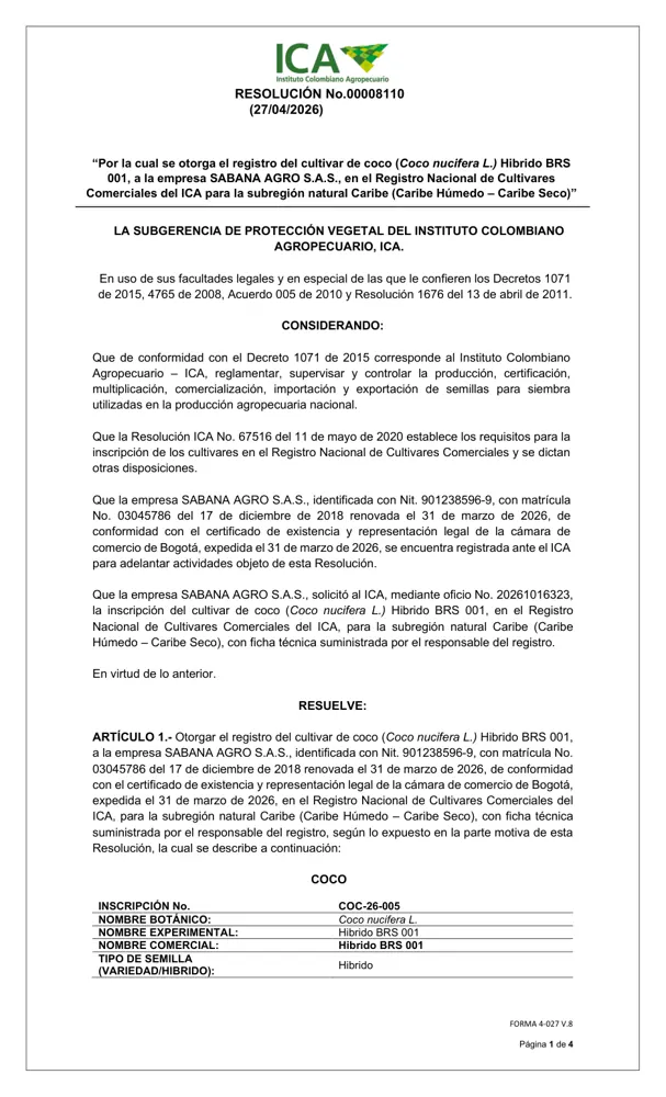Resolución ICA que registra el cultivar Híbrido BRS001 a nombre de Sabana Agro