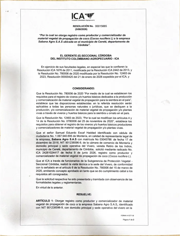 Certificado ICA del vivero de Sabana Agro